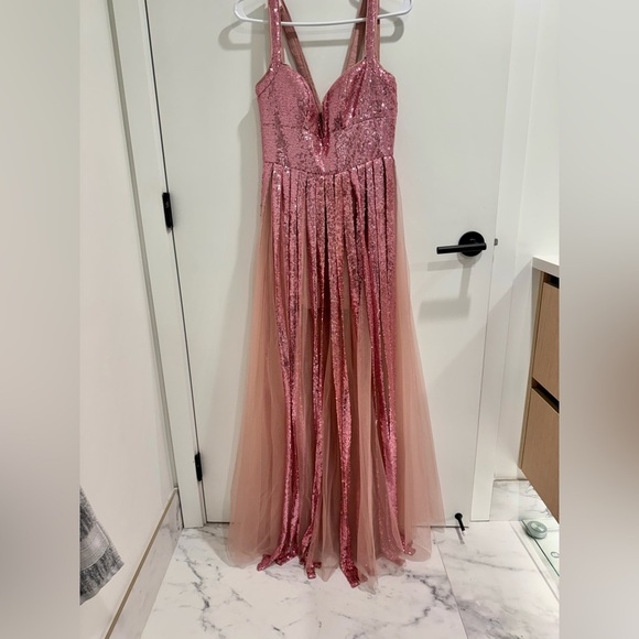 NWOT Azazie Pink Sequin Tulle Prom Dress - Picture 9 of 9
